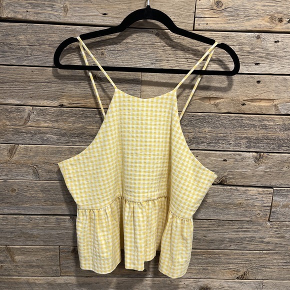 Zara Tops - ZARA Yellow‎ White Women's Gingham Ruffle Tank Top Tie Back Size L